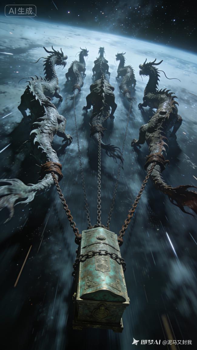 星空巨龙拖曳青铜宝箱的神话奇景