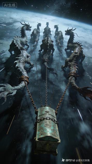 星空巨龙拖曳青铜宝箱的神话奇景