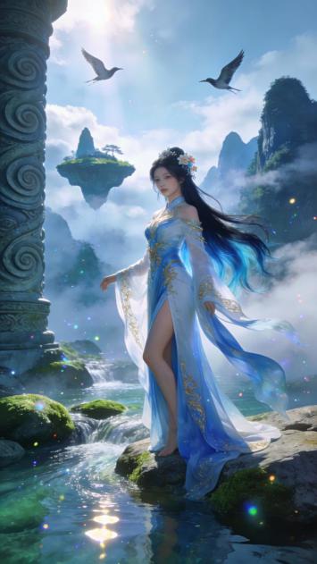 云巅仙子立溪畔，飞鸟浮岛映霞光