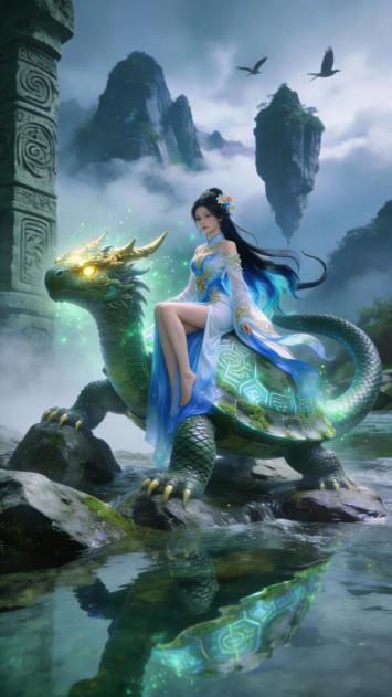 云海神龟载仙姬，青鳞金目映仙踪