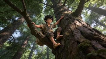 森林中的少年攀树瞬间