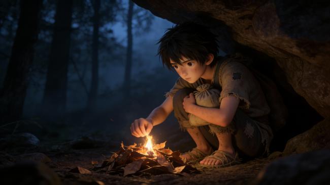 岩洞火光中的少年：静谧森林里的温暖时刻