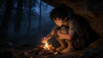 岩洞火光中的少年：静谧森林里的温暖时刻
