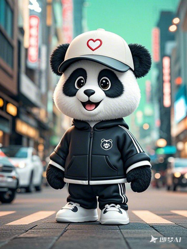 一只拟人化的熊猫角色，身穿黑色带白色条纹的运动套装和白色运动鞋，头戴印有红色爱心