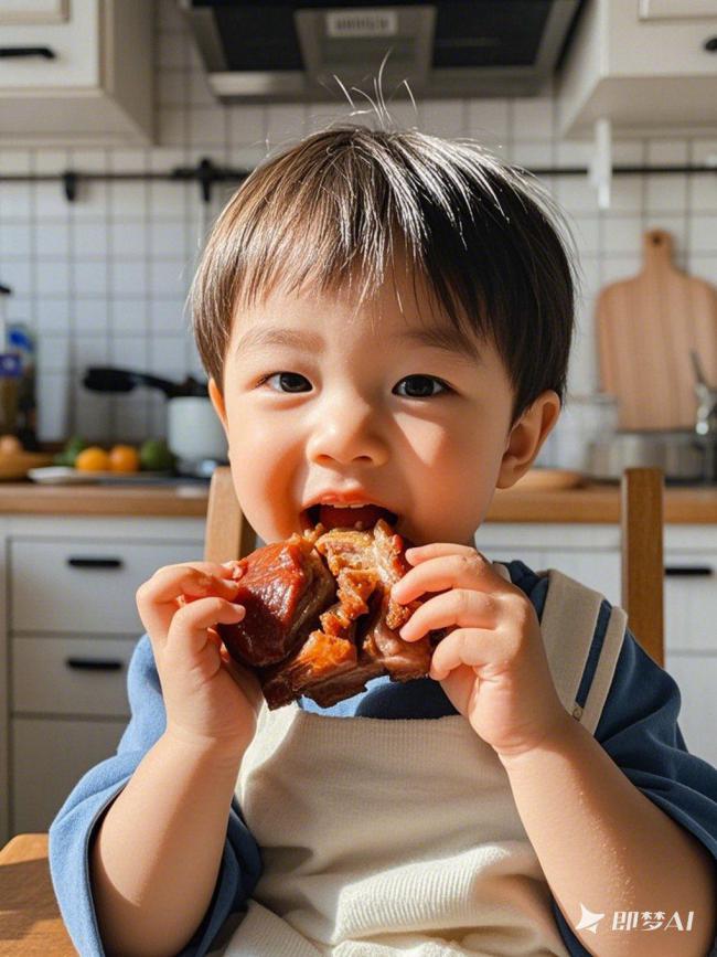 阳光下的萌娃啃卤肉瞬间