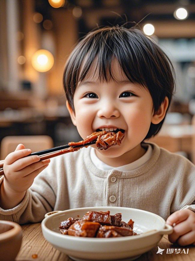 暖光餐厅里吃红烧肉的可爱小孩