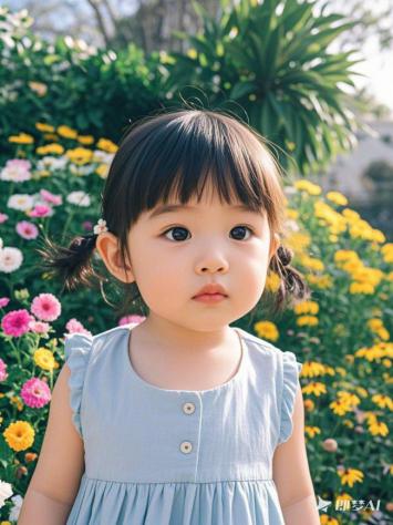 晨光中的小天使：花丛里的纯真凝视