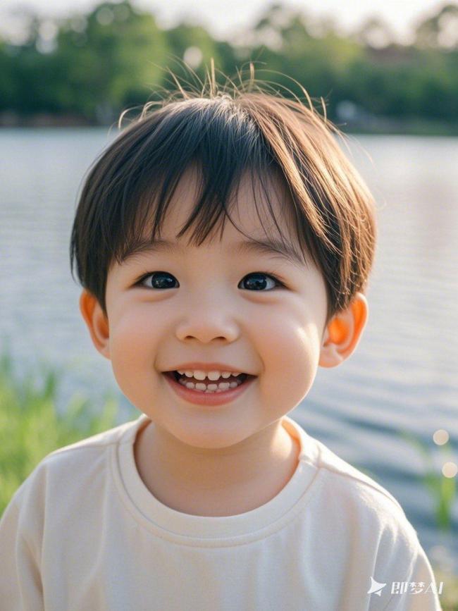 湖畔阳光下的童真笑颜