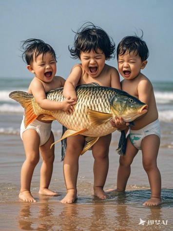 沙滩上的欢乐小渔夫