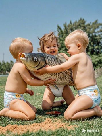 三宝抱鱼趣玩晴空草地