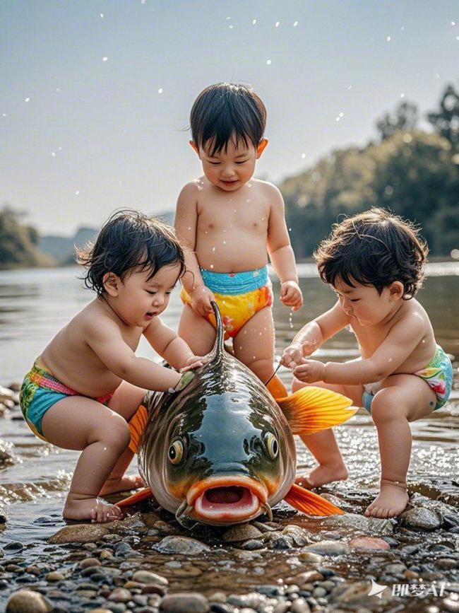 阳光河畔孩童与巨鱼嬉戏瞬间