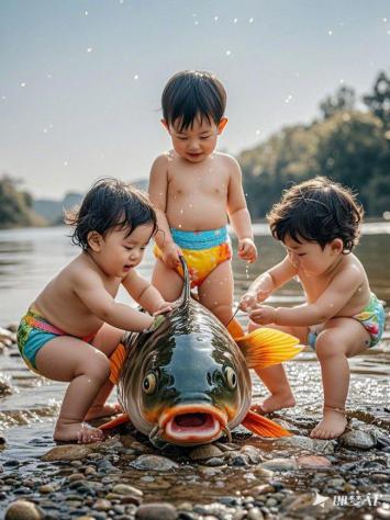 阳光河畔孩童与巨鱼嬉戏瞬间