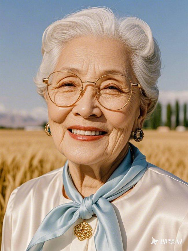 白发老妪麦田微笑肖像写实风