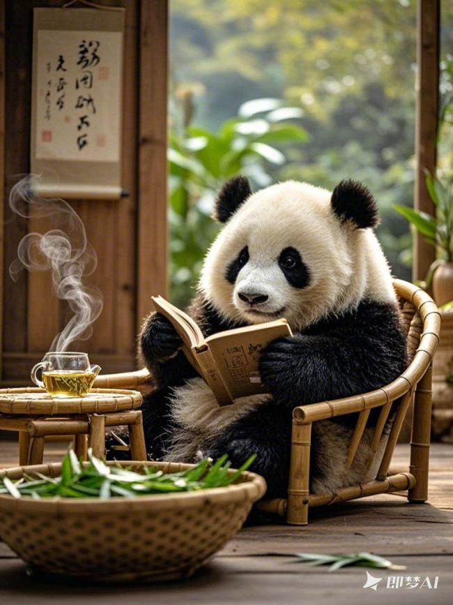 熊猫品茶读书的东方禅意写实图