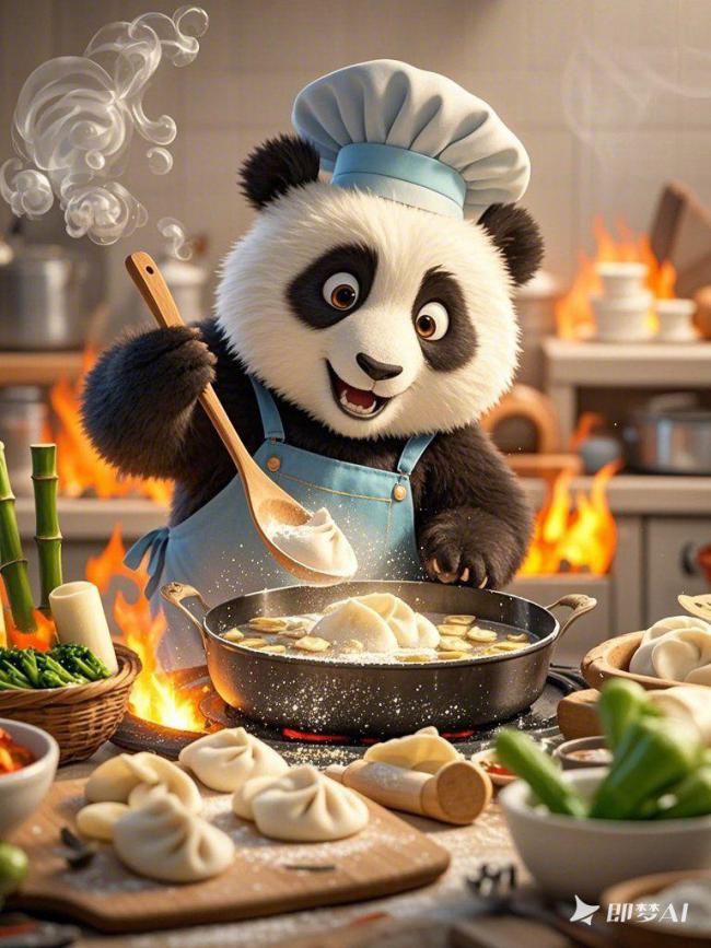 卡通熊猫厨师煮饺子欢乐场景