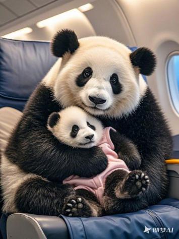熊猫母子机舱抱抱瞬间 ✈️