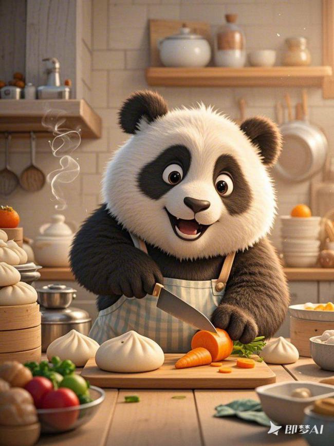 卡通熊猫厨师切胡萝卜的温馨厨房场景