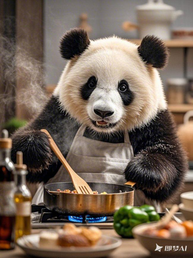 拟人熊猫厨师温馨厨房烹饪场景