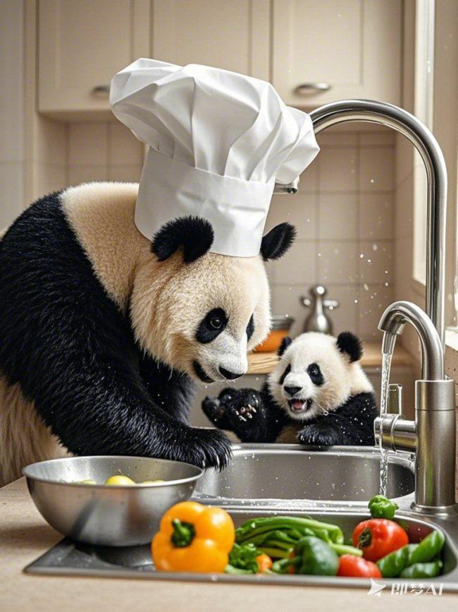 熊猫厨师带娃洗菜萌翻厨房