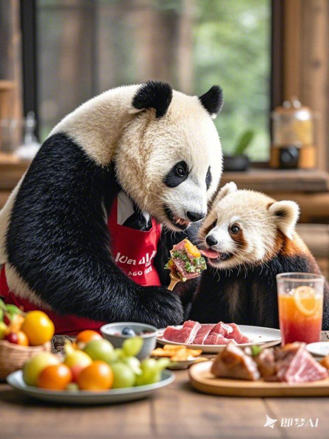 拟人熊猫喂食小熊猫的温馨餐桌场景