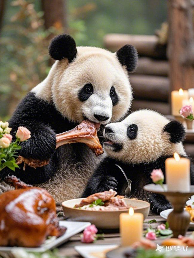 熊猫共享烛光晚餐写真图
