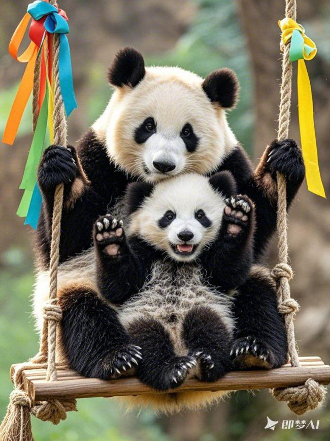 熊猫幼崽秋千嬉戏写真图