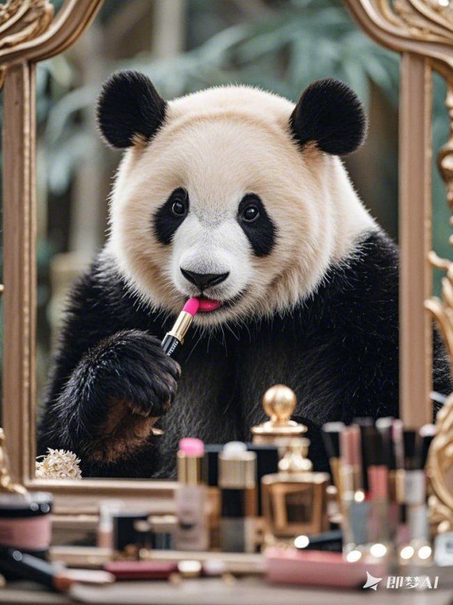 熊猫化妆镜前俏皮涂口红