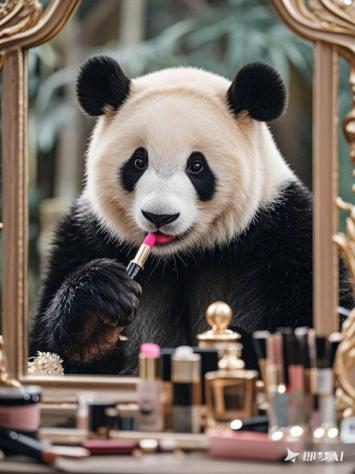 熊猫化妆镜前俏皮涂口红