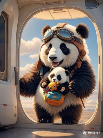 熊猫飞行员携幼崽遨游天空，萌趣卡通风插画