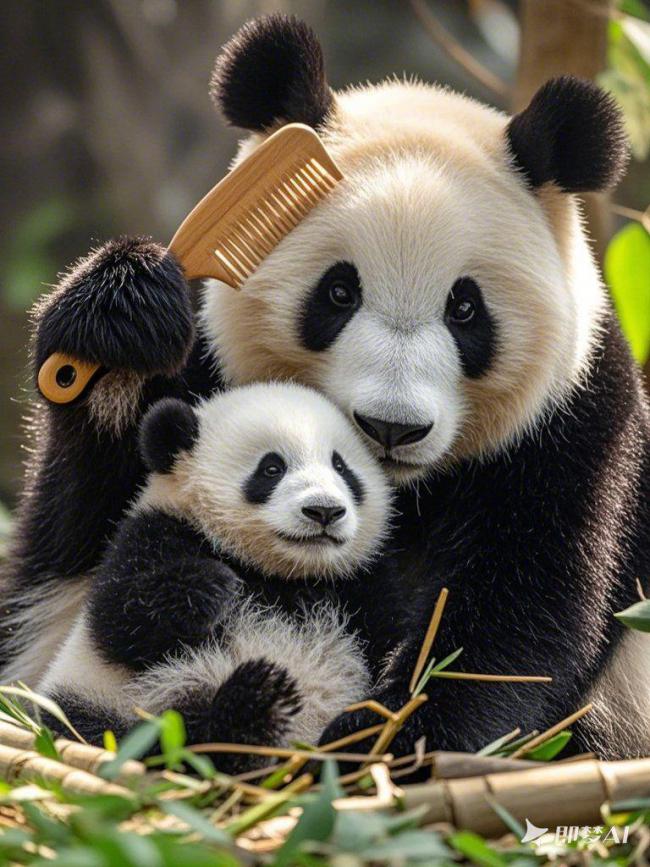 熊猫母子梳毛温馨瞬间