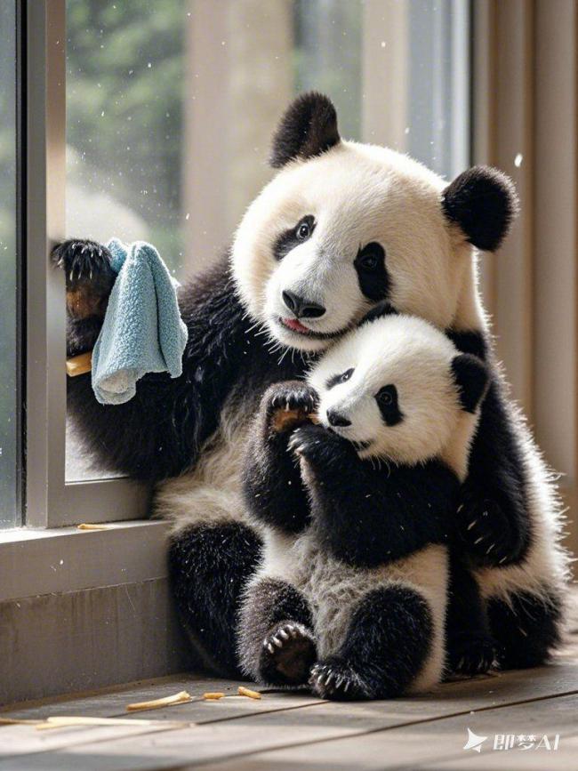 熊猫母子窗边温馨时刻