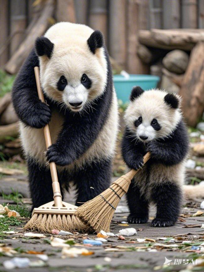 熊猫母子扫地萌翻全场