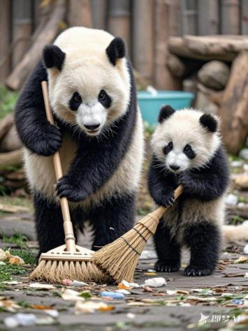 熊猫母子扫地萌翻全场