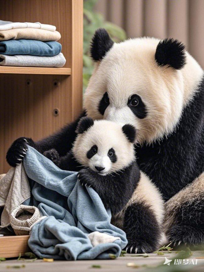 熊猫母子温馨居家图