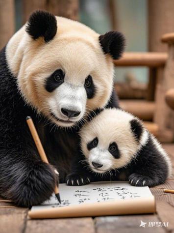 熊猫母子习字温馨场景