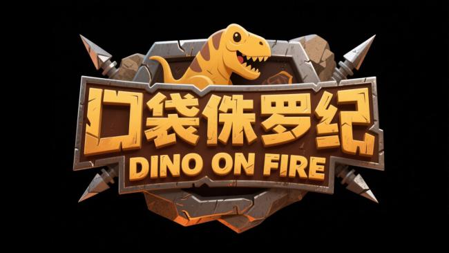 口袋侏罗纪游戏Logo设计：恐龙跃出石墙，火焰文字炸裂登场