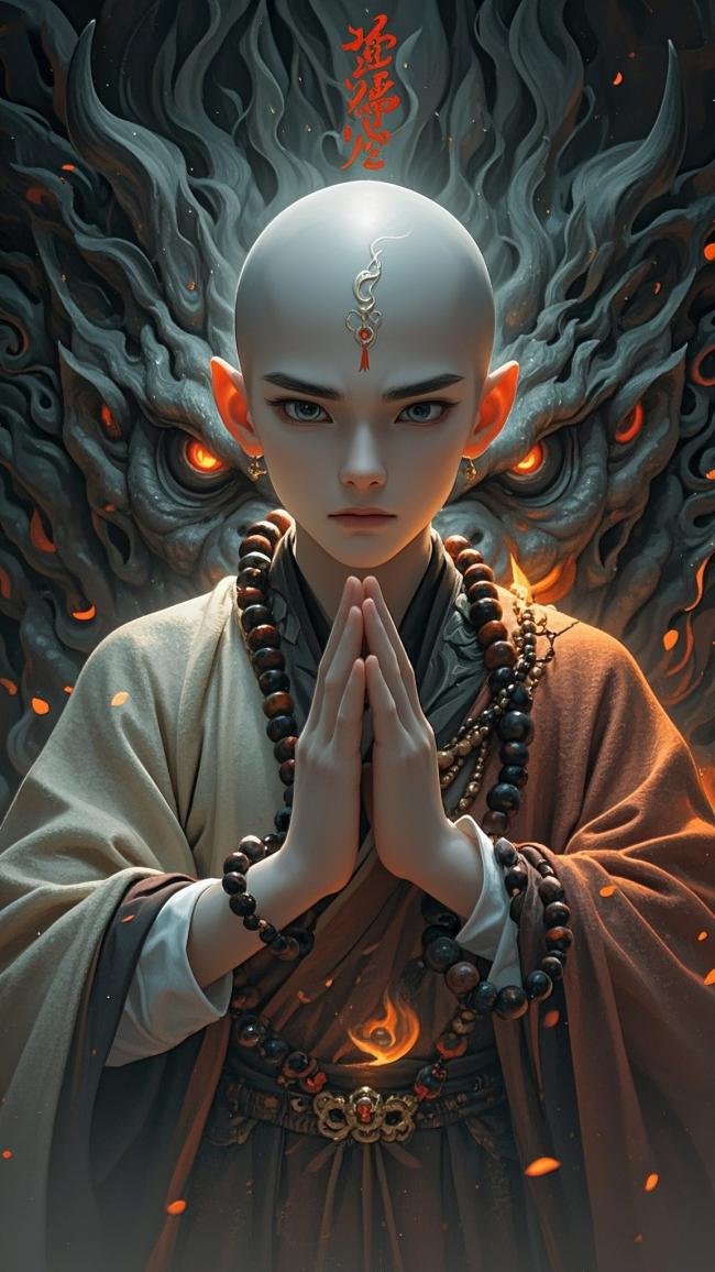 仙侠僧人合十迎战妖兽，火焰符文映照神秘玄机