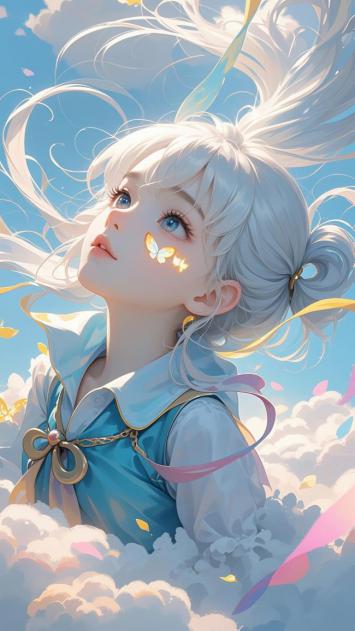 银发少女云端飞舞，蝴蝶光斑点亮梦幻时刻