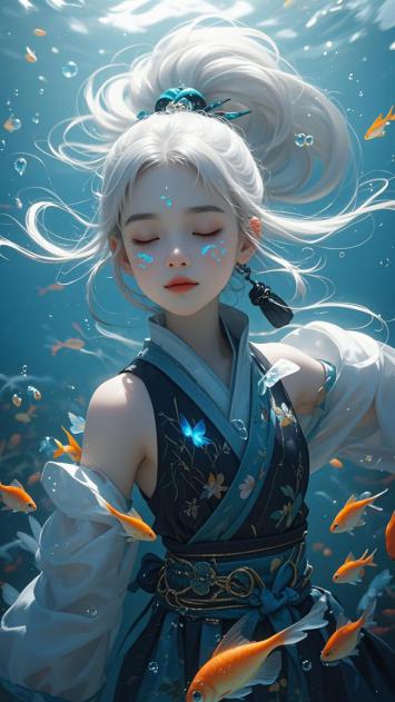 银发仙子水下浮游，金鱼环绕梦幻仙侠图