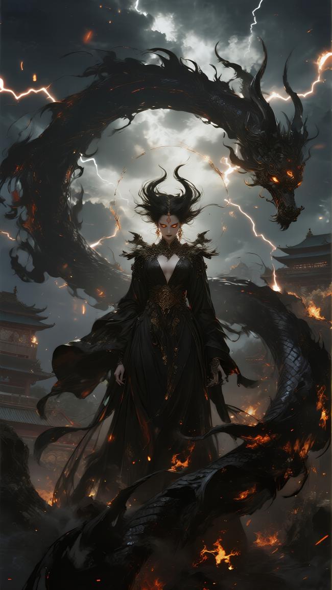 黑袍女修与雷龙共舞的仙侠玄幻场景图