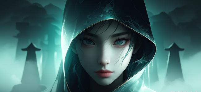 幽蓝仙侠少女特写：雾中古塔下的神秘凝视