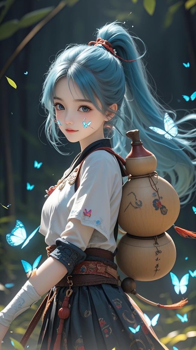 蓝发仙子背葫芦游竹林，蝴蝶翩跹水墨风