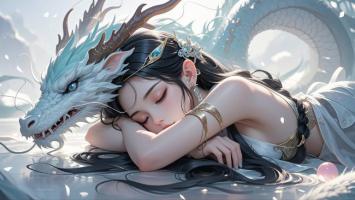 白龙伴眠·仙侠少女梦幻插画