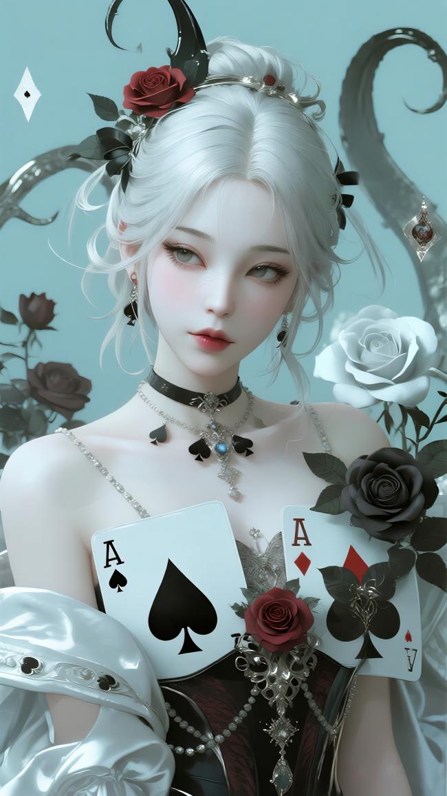 暗黑玫瑰女王·扑克牌少女插画