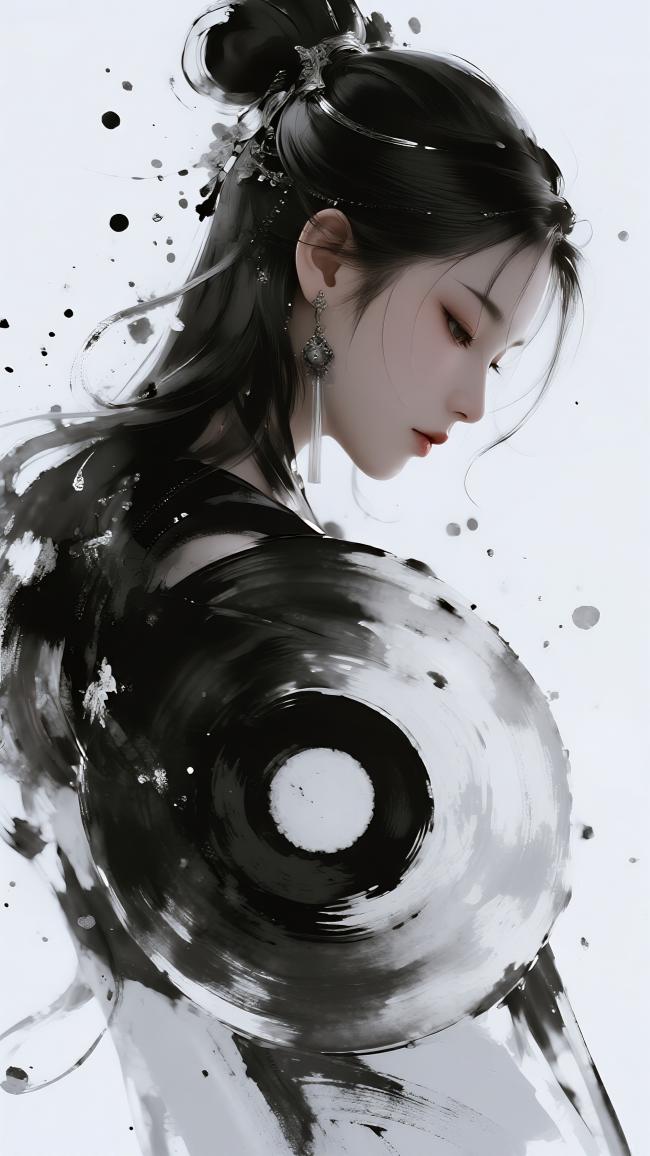 水墨古风仕女侧颜图，墨浪环绕优雅身姿