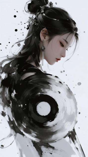 水墨古风仕女侧颜图，墨浪环绕优雅身姿