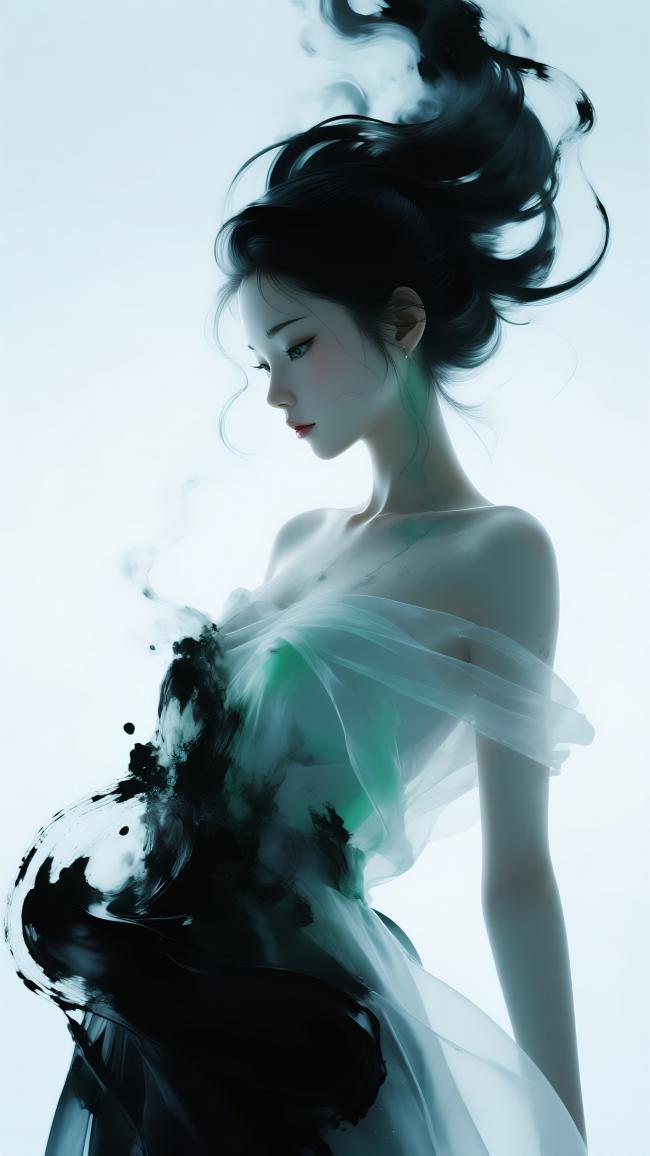 水墨仙子飘逸写真，黑发青墨共舞