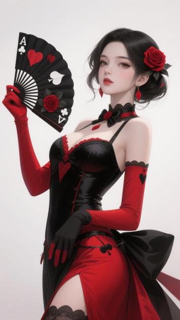 黑红扑克女郎写实插画，暗黑浪漫风范