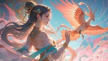 仙侠少女与金凤共舞云端奇景