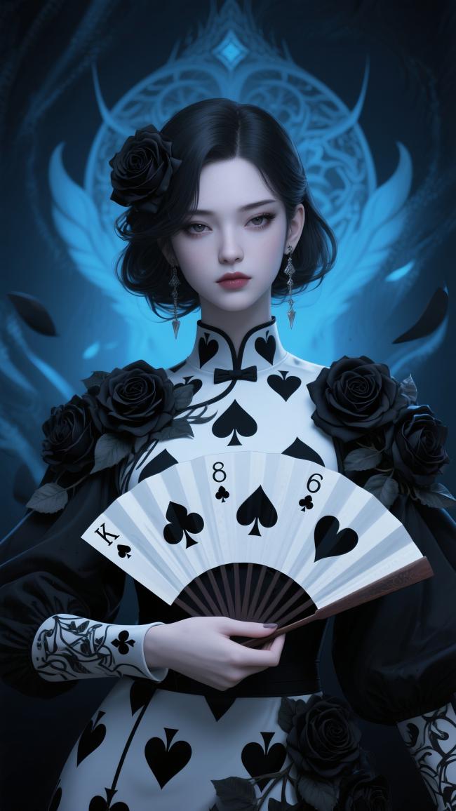 暗黑扑克女郎：黑玫瑰与神秘符文的奇幻肖像